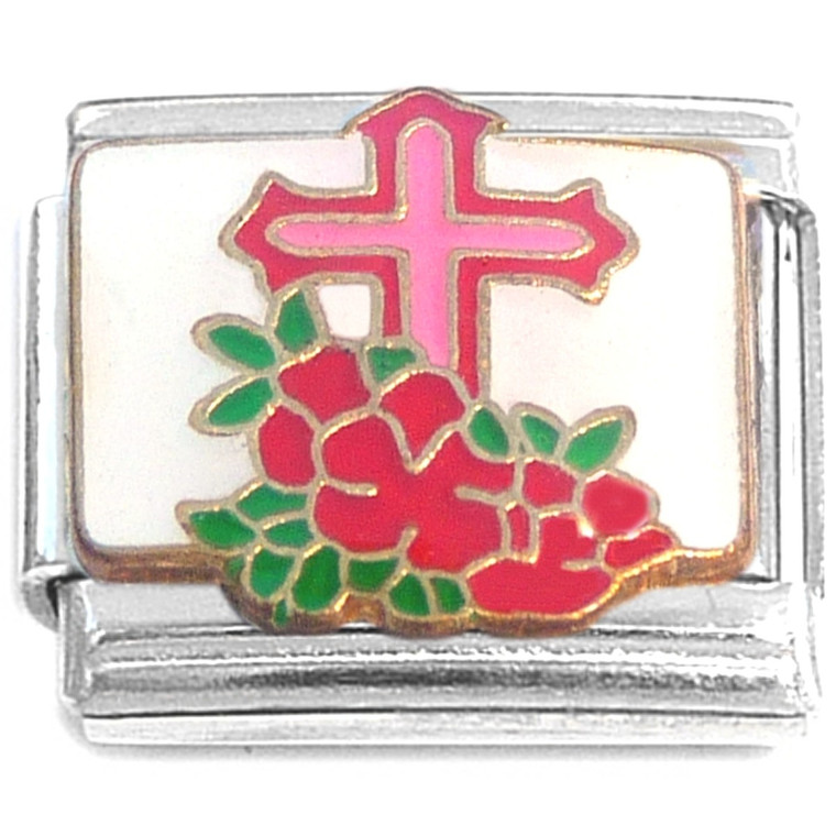 Religious Cross Flowers Italian Charm