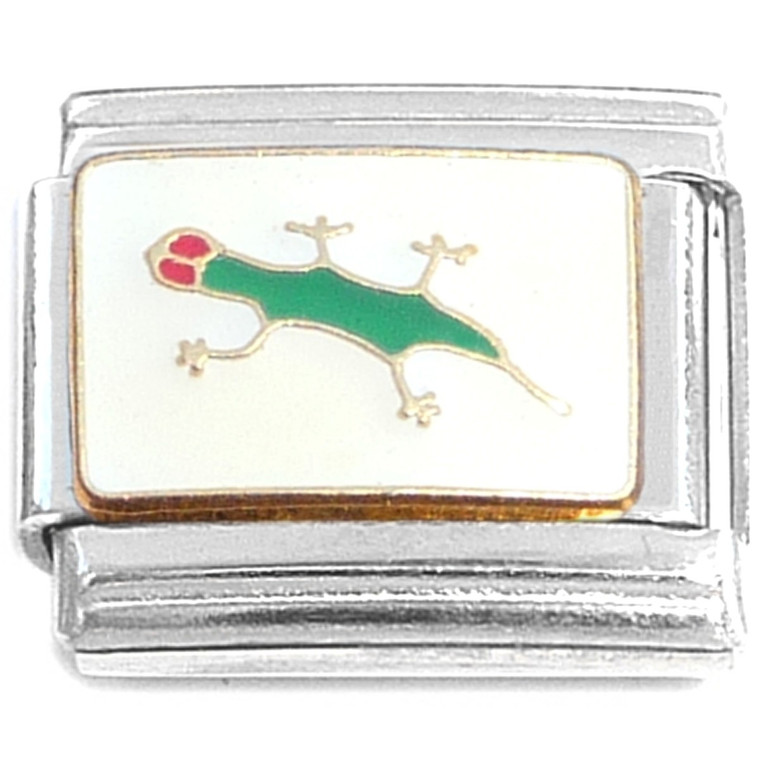 Green Gecko on White Italian Charm