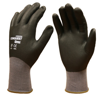 6925L CONQUEST ULTRA   PREMIUM  GRAY NYLON/SPANDEX SHELL  FULL BLACK FOAM NITRILE/PU COATING Cordova Safety Products