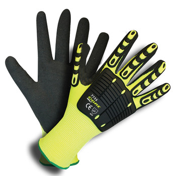 7735M OGRE-IMPACT   13-GAUGE  HI-VIS LIME POLYESTER SHELL  TPR PROTECTORS  INTERIOR FOAM PALM PADDING  BLACK SANDY NITRILE PALM COATING Cordova Safety Products