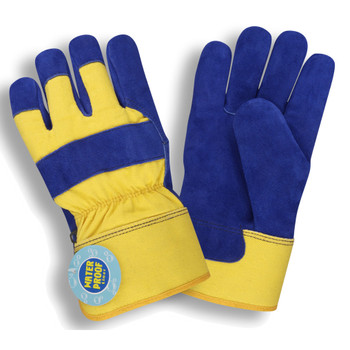 7465M BLUE SPLIT LEATHER PALM  YELLOW CANVAS BACK  RUBBERIZED SAFETY CUFF  THINSULATE & WATERPROOF LINING  Cordova Safety Products