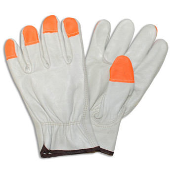 8211HVM STANDARD GRAIN COWHIDE DRIVER  UNLINED  SHIRRED ELASTIC BACK  ORANGE SEWN FINGER TIPS  KEYSTONE THUMB Cordova Safety Products