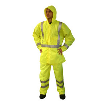 R3GJM REPTYLE  CLASS III RAIN JACKET  LIME 300D POLYESTER/PU FABRIC  3M REFLECTIVE TAPE  CHEST POCKET  SNAP CLOSURE WITH STORM FLAP  HOOK & LOOP WRIST CLOSURES Cordova Safety Products