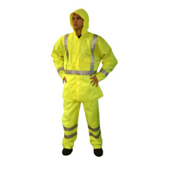 R3GJL REPTYLE  CLASS III RAIN JACKET  LIME 300D POLYESTER/PU FABRIC  3M REFLECTIVE TAPE  CHEST POCKET  SNAP CLOSURE WITH STORM FLAP  HOOK & LOOP WRIST CLOSURES Cordova Safety Products