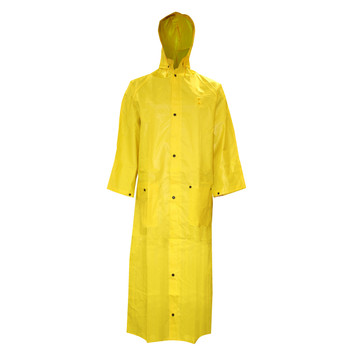 R8022FRC2XL DEFIANCE FR  .28 MM PVC/NYLON/PVC  YELLOW 2-PIECE RAIN COAT  LIMITED FLAME RESISTANT  STORM FLY FRONT WITH SNAP BUTTONS  49" LENGTH  DETACHABLE HOOD Cordova Safety Products