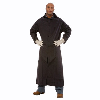 RC35B60L RENEGADE  .35 MM PVC/POLYESTER  BLACK 2-PIECE RIDING COAT  LEG STRAPS  CORDUROY COLLAR  STORM FLY FRONT WITH SNAP BUTTONS  VENTILATED BACK/UNDERARMS  60" LENGTH  DETACHABLE HOOD Cordova Safety Products