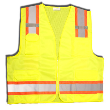 VS286-S CLASS II  LIME SURVEYORS VEST  SOLID FRONT AND MESH BACK  TWO-TONE CONTRASTING TRIM/REFLECTIVE STRIPES  ZIPPER CLOSURE  MULTIPLE POCKETS FOR PAD/PEN  RADIO/PHONE  FLASHLIGHT  DUAL MIC TABS Cordova Safety Products