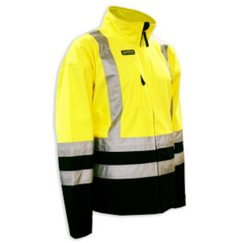 J100M REPTYLE  CLASS III  LIME SOFT SHELL JACKET  BREATHABLE THREE LAYERED ENGINEERED FABRIC  3M SILVER REFLECTIVE TAPE  BLACK FRONT PANEL Cordova Safety Products