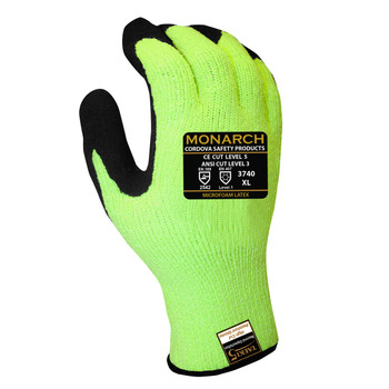 3740S MONARCH SUB-ZERO /7-GAUGE  HI-VIS GREEN TAEKI5 SHELL  BRUSHED INTERIOR  MICROFOAM LATEX PALM COATING  ANSI CUT LEVEL 3 Cordova Safety Products