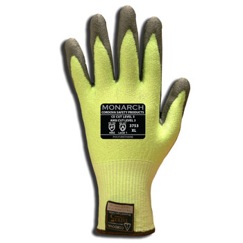 3753XXL MONARCH-PU /13 GAUGE  HI-VIS GREEN TAEKI5 SHELL  GRAY POLYURETHANE PALM COATING  ANSI CUT LEVEL 3 Cordova Safety Products