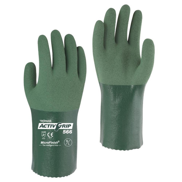 AG566M TOWA ACTIVGRIP  GREEN MICROFINISH NITRILE  13-GAUGE  SEAMLESS POLY/COTTON SHELL  12-INCH Cordova Safety Products