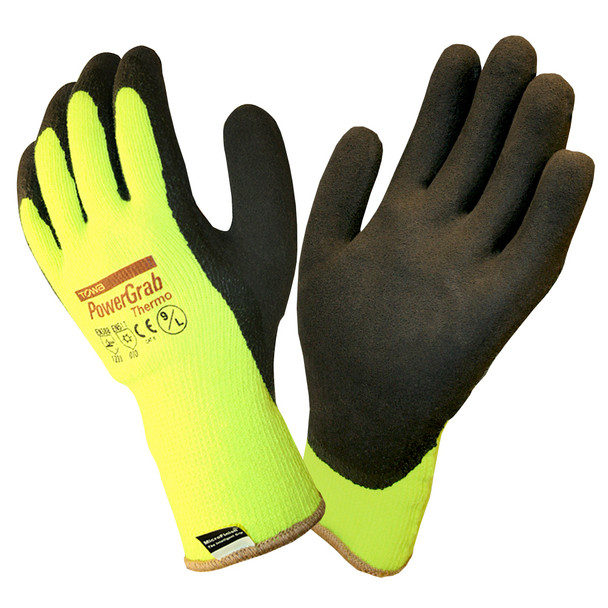 PG391L TOWA POWERGRAB THERMO   10-GAUGE  HI-VIS GREEN ACRYLIC SHELL  BLACK MICROFINISH LATEX PALM COATING Cordova Safety Products