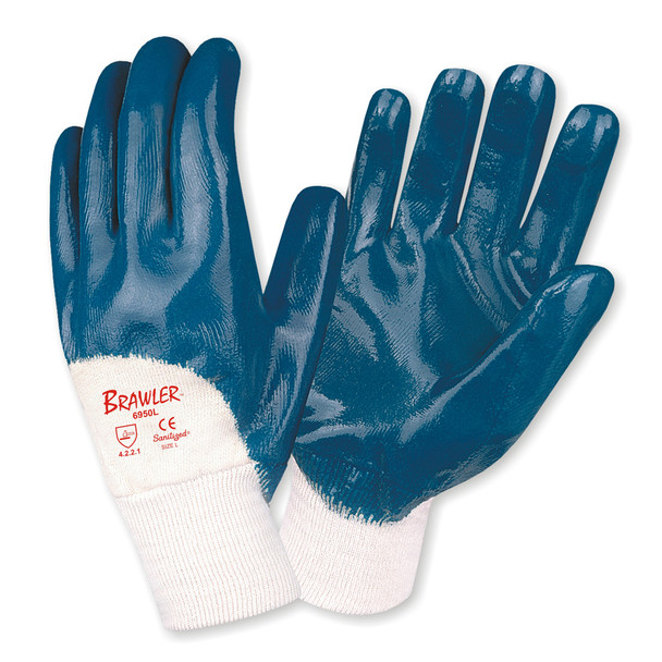 6950S BRAWLER  PREMIUM DIPPED NITRILE  PALM COATED  JERSEY LINED  KNIT WRIST  SANITIZED Cordova Safety Products