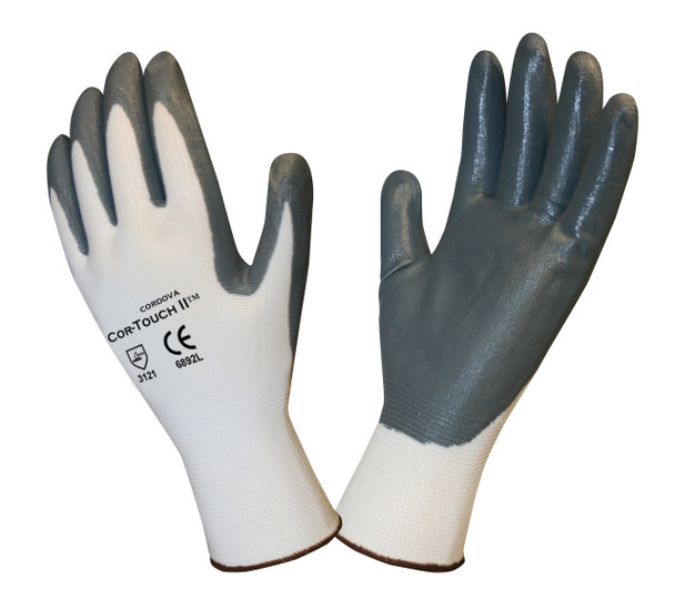 6892L COR-TOUCH II  13-GAUGE  WHITE POLYESTER SHELL  GRAY FLAT NITRILE PALM COATING Cordova Safety Products