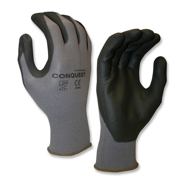 6905XS CONQUEST   PREMIUM  GRAY NYLON/SPANDEX SHELL  BLACK FOAM NITRILE/PU PALM COATING Cordova Safety Products