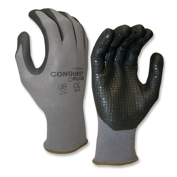 6915XL CONQUEST PLUS   PREMIUM  GRAY NYLON/SPANDEX SHELL  BLACK FOAM NITRILE/PU PALM COATING  BLACK NITRILE DOTS Cordova Safety Products