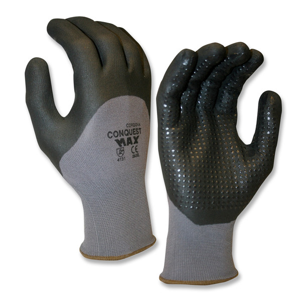 6920M CONQUEST MAX   PREMIUM  GRAY NYLON/SPANDEX SHELL  BLACK 3/4 FOAM NITRILE/PU COATING  BLACK NITRILE DOTS Cordova Safety Products