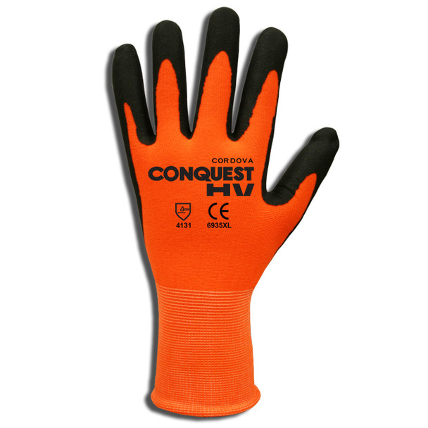 6935L CONQUEST HV   PREMIUM  HI-VIS ORANGE NYLON/SPANDEX SHELL  BLACK FOAM NITRILE/PU PALM COATING Cordova Safety Products