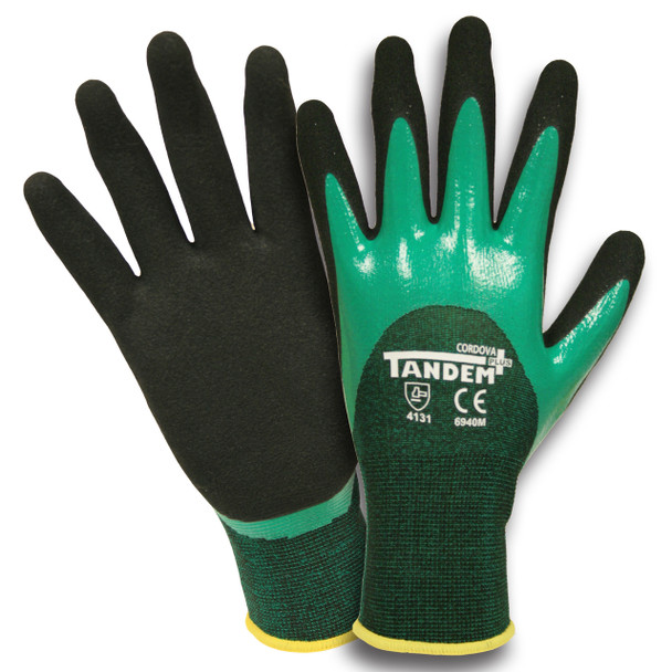 6940XL TANDEM PLUS   15-GAUGE  GREEN POLYESTER/SPANDEX SHELL  3/4 TWO-LAYER SANDY NITRILE COATING Cordova Safety Products