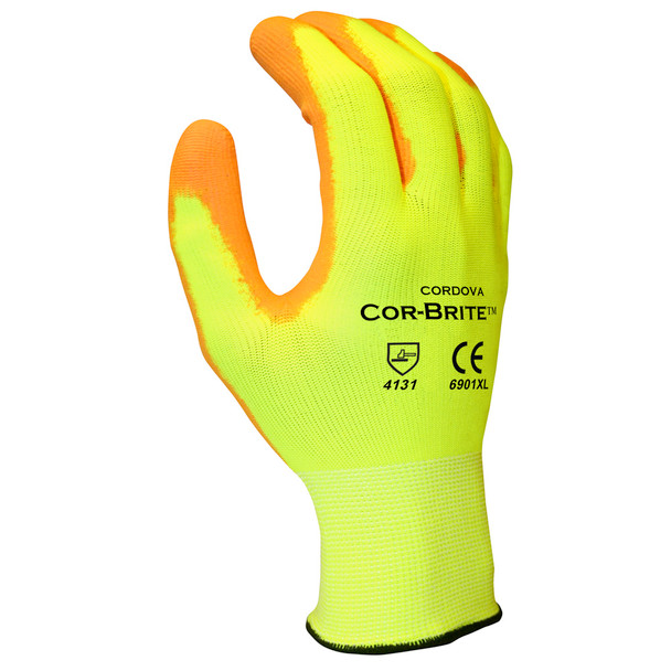 6901XS COR-BRITE  13-GAUGE  HI-VIS YELLOW POLYESTER SHELL  HI-VIS ORANGE POLYURETHANE PALM COATING Cordova Safety Products