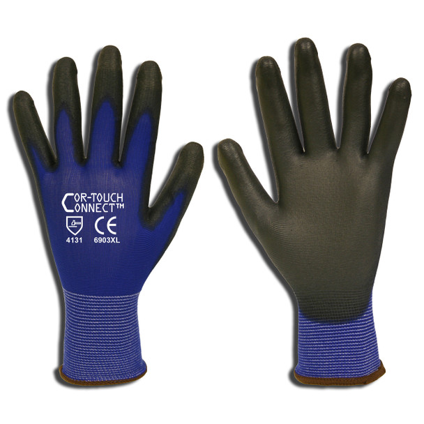 6903XS COR-TOUCH CONNECT  13-GAUGE  BLUE NYLON SHELL  TOUCH SCREEN THUMB  INDEX & MIDDLE FINGER  BLACK POLYURETHANE PALM COATING Cordova Safety Products