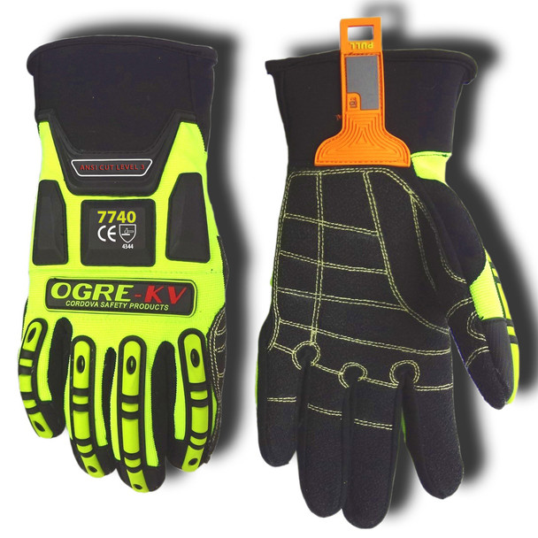 7740M OGRE-KV  LIME GREEN SPANDEX BACK  KEVLAR FABRIC PALM  TPR PROTECTORS   NEOPRENE CUFF  ANSI CUT LEVEL 3 Cordova Safety Products