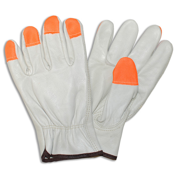 8211HVS STANDARD GRAIN COWHIDE DRIVER  UNLINED  SHIRRED ELASTIC BACK  ORANGE SEWN FINGER TIPS  KEYSTONE THUMB Cordova Safety Products