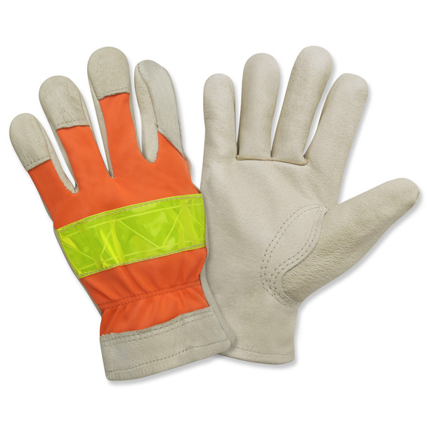 F8821XL PREMIUM GRAIN PIGSKIN DRIVER  UNLINED  HI-VIS ORANGE BACK  LIME REFLECTIVE TAPE ON BACK  KEYSTONE THUMB Cordova Safety Products