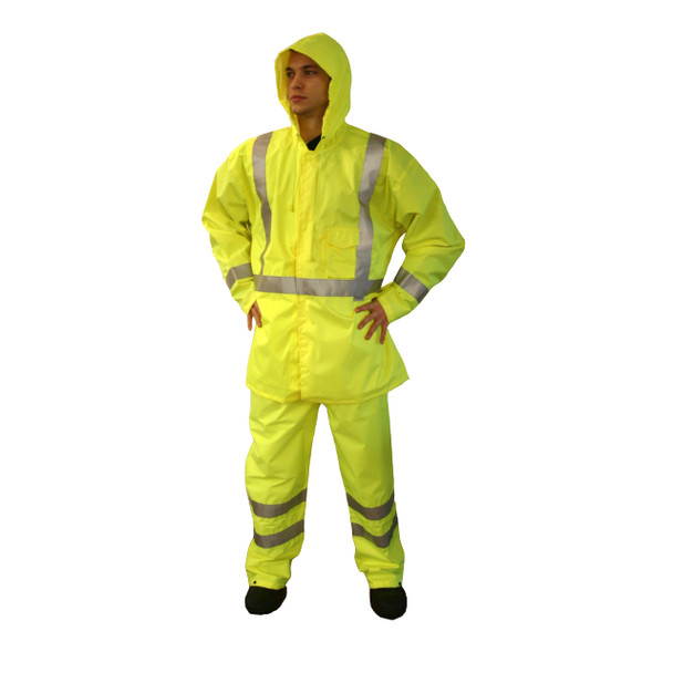 R3GW5XL REPTYLE  CLASS E RAIN PANTS  LIME 300D POLYESTER/PU FABRIC  3M REFLECTIVE TAPE  ELASTIC WAIST WITH DRAWSTRING  ANKLE SNAPS Cordova Safety Products