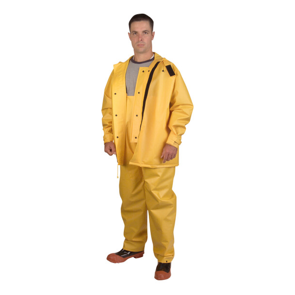 RSHB352YL JETSTREAM  .30 MM PVC/POLYESTER/PVC  YELLOW 3-PIECE HYDROBLAST SUIT  HOOK & LOOP CLOSURES AT ALL OPENINGS  ZIPPER/SNAP BUTTONS  BIB PANTS WITH SUSPENDERS  THROAT GUARD  ATTACHED HOOD Cordova Safety Products