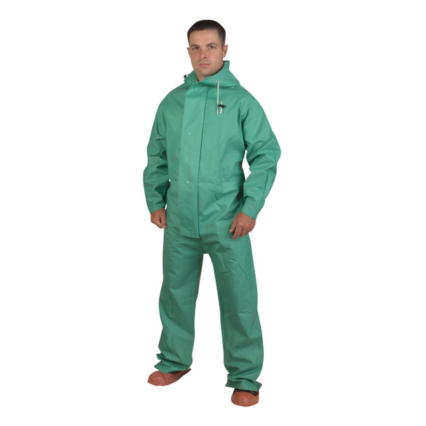 RS45GM APEX FR  .45 MM GREEN PVC/NYLON SCRIM/PVC  GREEN 1-PIECE ACID/CHEMICAL SUIT  LIMITED FLAME RESISTANT  STORM FLY FRONT WITH ZIPPER/SNAP BUTTONS  ATTACHED HOOD Cordova Safety Products