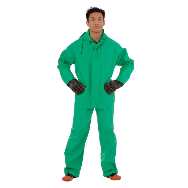 RS452G4XL APEX FR  .45 MM GREEN PVC/NYLON SCRIM/PVC  2-PIECE ACID/CHEMICAL SUIT  LIMITED FLAME RESISTANT  STORM FLY FRONT WITH ZIPPER SNAP BUTTONS  BIB STYLE PANTS WITH SUSPENDERS  ATTACHED HOOD Cordova Safety Products