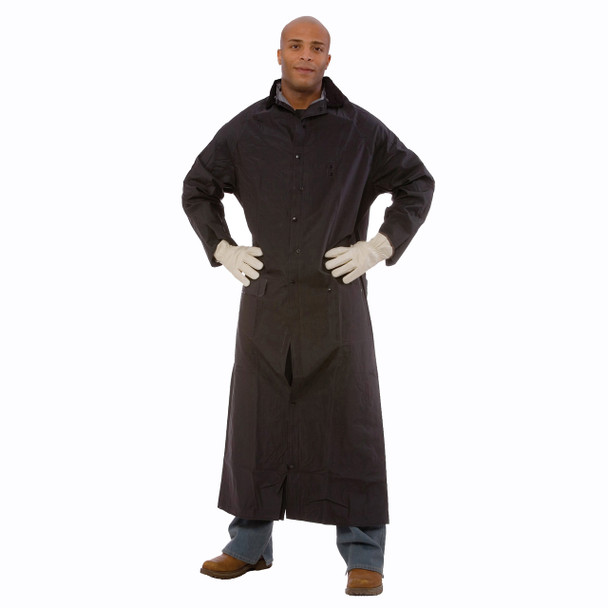 RC35BL RENEGADE  .35 MM PVC/POLYESTER  BLACK  2-PIECE RAIN COAT  CORDUROY COLLAR  STORM FLY FRONT WITH SNAP BUTTONS  VENTILATED BACK/UNDERARMS  49" LENGTH  DETACHABLE HOOD Cordova Safety Products