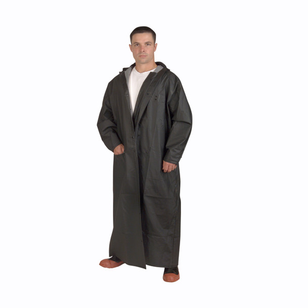 R9632FRC3XL RENEGADE  .35 MM PVC/POLYESTER  BLACK  2-PIECE RAIN COAT  CORDUROY COLLAR  LIMITED FLAME RESISTANCE  STORM FLY FRONT WITH SNAP BUTTONS  VENTILATED BACK/UNDERARMS  60" LENGTH  DETACHABLE HOOD Cordova Safety Products