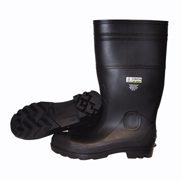 PB2206 BLACK BOOT WITH BLACK PVC SOLE  EVA INSOLE  STEEL TOE  COTTON LINED  16-INCH LENGTH  OVER-THE-SOCK STYLE  SIZE 6 Cordova Safety Products
