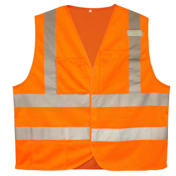 V230PFR4XL CLASS II  LIMITED FR ORANGE MESH VEST  HOOK & LOOP CLOSURE  2-INCH SILVER REFLECTIVE TAPE  ONE INSIDE LOWER POCKET & ONE OUTSIDE CHEST POCKET  OUTSIDE 3-DIVISION PEN POCKET  MIC TAB Cordova Safety Products