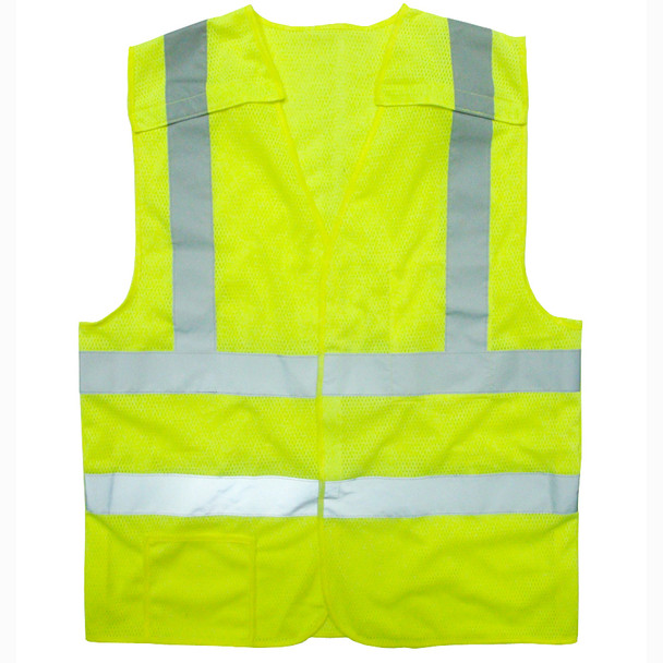 VB221PFRM CLASS II  LIMITED FR  5-POINT BREAKAWAY VEST  LIME MESH  ONE OUTSIDE LOWER POCKET  ONE INSIDE CHEST POCKET WITH HOOK & LOOP CLOSURE  2-INCH SILVER REFLECTIVE TAPE Cordova Safety Products