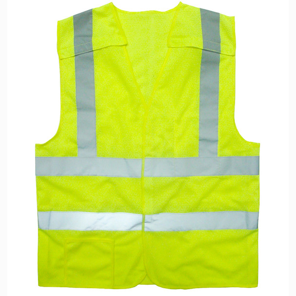 VB221PFR2XL CLASS II  LIMITED FR  5-POINT BREAKAWAY VEST  LIME MESH  ONE OUTSIDE LOWER POCKET  ONE INSIDE CHEST POCKET WITH HOOK & LOOP CLOSURE  2-INCH SILVER REFLECTIVE TAPE Cordova Safety Products