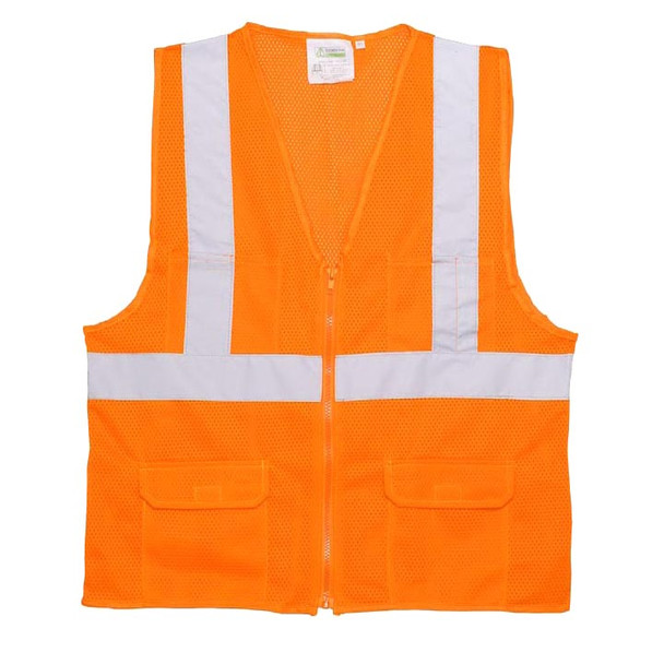 VS270PM CLASS II  ORANGE MESH SURVEYORS VEST  ZIPPER CLOSURE  2-INCH SILVER REFLECTIVE STRIPES  CHEST POCKET  TWO OUTSIDE LOWER AND TWO INSIDE LOWER POCKETS Cordova Safety Products