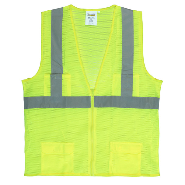 VS271PL CLASS II  LIME MESH SURVEYORS VEST  ZIPPER CLOSURE  2-INCH SILVER REFLECTIVE STRIPES  CHEST POCKET  TWO OUTSIDE LOWER AND TWO INSIDE LOWER POCKETS Cordova Safety Products