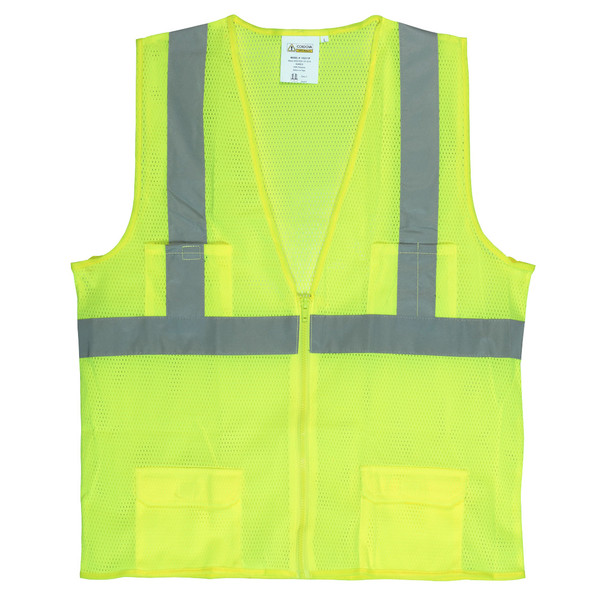 VS271PXL CLASS II  LIME MESH SURVEYORS VEST  ZIPPER CLOSURE  2-INCH SILVER REFLECTIVE STRIPES  CHEST POCKET  TWO OUTSIDE LOWER AND TWO INSIDE LOWER POCKETS Cordova Safety Products
