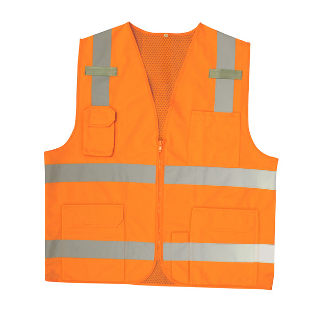 VS280M CLASS II  ORANGE SURVEYORS VEST  SOLID FRONT AND MESH BACK  2-INCH SILVER REFLECTIVE STRIPES  ZIPPER CLOSURE  MULTIPLE POCKETS FOR PAD/PEN  RADIO/PHONE  FLASHLIGHT  DUAL MIC TABS Cordova Safety Products