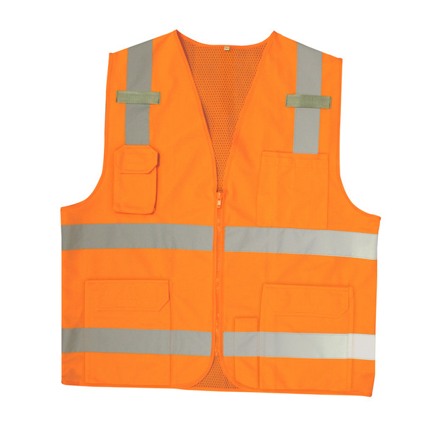 VS280XL CLASS II  ORANGE SURVEYORS VEST  SOLID FRONT AND MESH BACK  2-INCH SILVER REFLECTIVE STRIPES  ZIPPER CLOSURE  MULTIPLE POCKETS FOR PAD/PEN  RADIO/PHONE  FLASHLIGHT  DUAL MIC TABS Cordova Safety Products