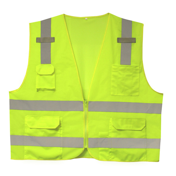 VS281M CLASS II  LIME SURVEYORS VEST  SOLID FRONT AND MESH BACK  2-INCH SILVER REFLECTIVE STRIPES  ZIPPER CLOSURE  MULTIPLE POCKETS FOR PAD/PEN  RADIO/PHONE  FLASHLIGHT  DUAL MIC TABS Cordova Safety Products