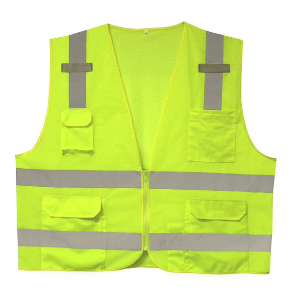 VS2812XL CLASS II  LIME SURVEYORS VEST  SOLID FRONT AND MESH BACK  2-INCH SILVER REFLECTIVE STRIPES  ZIPPER CLOSURE  MULTIPLE POCKETS FOR PAD/PEN  RADIO/PHONE  FLASHLIGHT  DUAL MIC TABS Cordova Safety Products