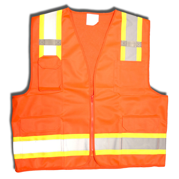 VS285-3XL CLASS II  ORANGE SURVEYORS VEST  SOLID FRONT AND MESH BACK  TWO-TONE CONTRASTING TRIM/REFLECTIVE STRIPES  ZIPPER CLOSURE  MULTIPLE POCKETS FOR PAD/PEN  RADIO/PHONE  FLASHLIGHT  DUAL MIC TABS Cordova Safety Products