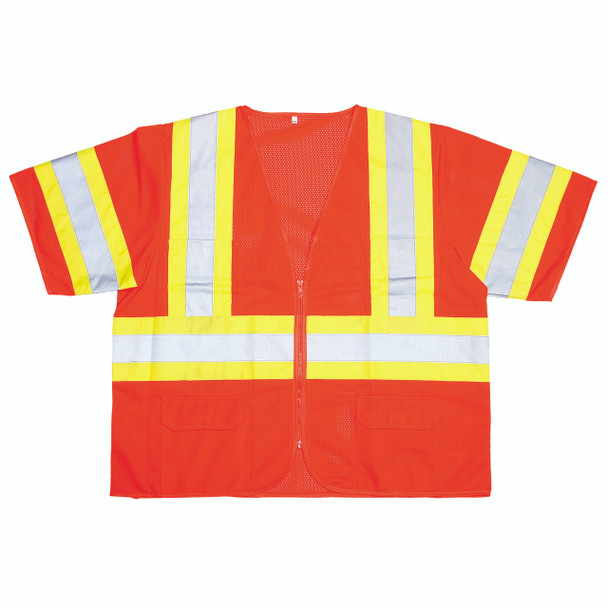 V32002XL COR-BRITE  CLASS III  ORANGE MESH VEST  ZIPPER CLOSURE  TWO-TONE CONTRASTING TRIM/REFLECTIVE TAPE  POCKETS/TWO INSIDE LOWER  TWO OUTSIDE CHEST  TWO OUTSIDE LOWER Cordova Safety Products