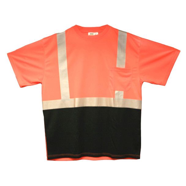 V450-M COR-BRITE  CLASS II  ORANGE BIRDSEYE MESH T-SHIRT  SHORT SLEEVES  CHEST POCKET  2-INCH SILVER REFLECTIVE TAPE  BLACK FRONT PANEL Cordova Safety Products