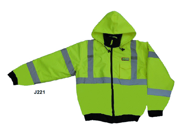 J221-M REPTYLE  CLASS III  LIME BOMBER JACKET  PU COATED POLYESTER SHELL  ATTACHED QUILTED LINING  CONCEALED/ATTACHED HOOD Cordova Safety Products
