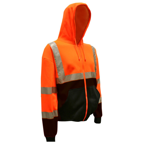 SJ400-L COR-BRITE  CLASS III ORANGE HOODED SWEATSHIRT  300 GRAM POLYESTER FLEECE  ZIPPER CLOSURE  LINED HOOD  BLACK POUCH POCKET  FRONT PANEL AND FOREARMS Cordova Safety Products